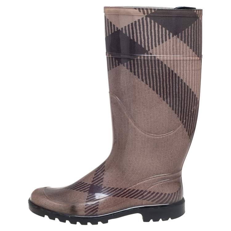 Pre Owned Burberry Grey/Brown Rubber Rain Boots Size 38