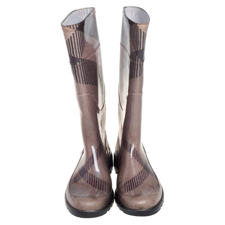 Pre Owned Burberry Grey/Brown Rubber Rain Boots Size 38