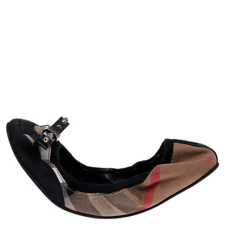 Pre Owned Burberry Black/Beige Nova Check Canvas And Suede Scrunch Ballet Flats Size 37