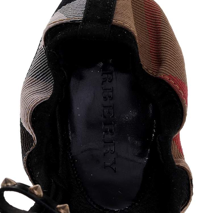 Pre Owned Burberry Black/Beige Nova Check Canvas And Suede Scrunch Ballet Flats Size 37
