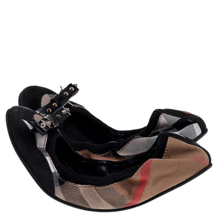 Pre Owned Burberry Black/Beige Nova Check Canvas And Suede Scrunch Ballet Flats Size 37