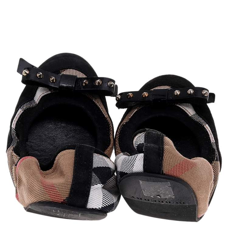 Pre Owned Burberry Black/Beige Nova Check Canvas And Suede Scrunch Ballet Flats Size 37
