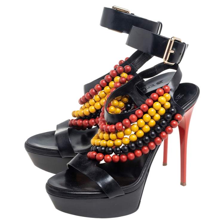 Pre Owned Burberry Prorsum Black T Strap Beaded Platform Sandals Size 39