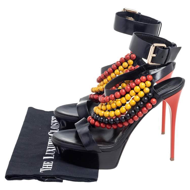 Pre Owned Burberry Prorsum Black T Strap Beaded Platform Sandals Size 39