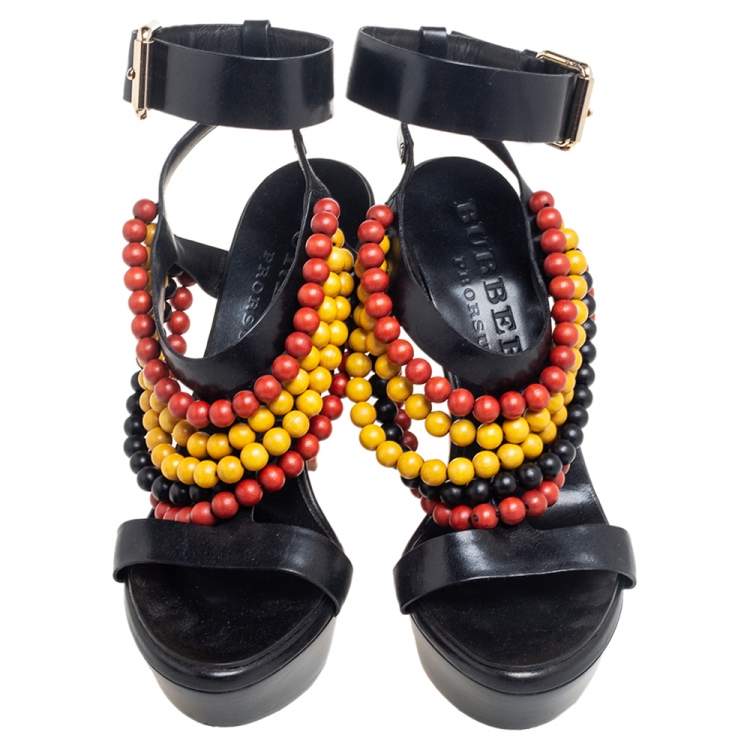 Pre Owned Burberry Prorsum Black T Strap Beaded Platform Sandals Size 39