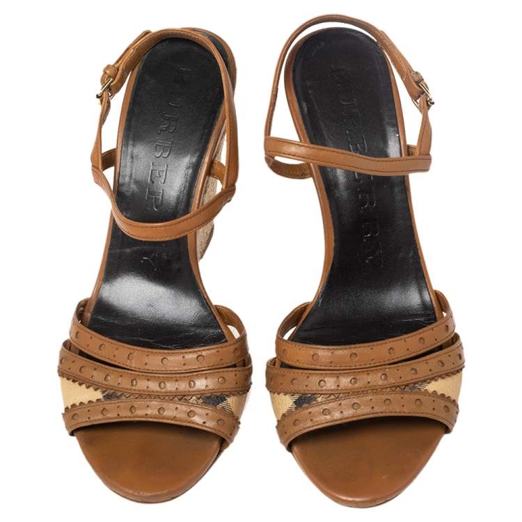 Pre Owned Burberry Beige/Tan Canvas And Leather Ankle Strap Espadrille Wedge Sandals Size 37