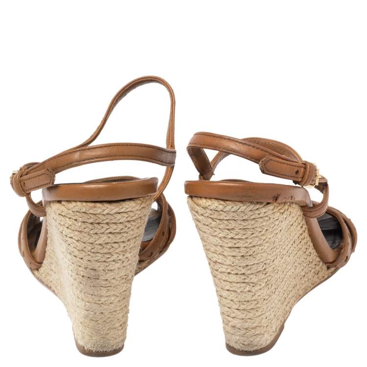 Pre Owned Burberry Beige/Tan Canvas And Leather Ankle Strap Espadrille Wedge Sandals Size 37