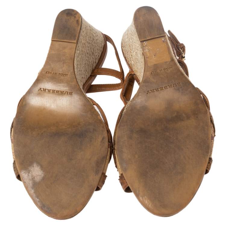 Pre Owned Burberry Beige/Tan Canvas And Leather Ankle Strap Espadrille Wedge Sandals Size 37