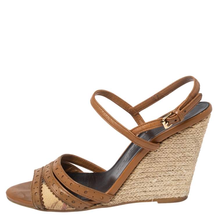 Pre Owned Burberry Beige/Tan Canvas And Leather Ankle Strap Espadrille Wedge Sandals Size 37