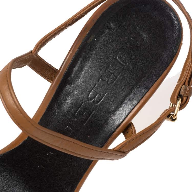 Pre Owned Burberry Beige/Tan Canvas And Leather Ankle Strap Espadrille Wedge Sandals Size 37