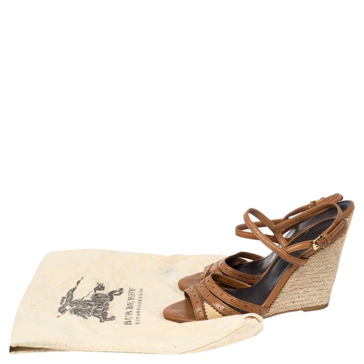 Pre Owned Burberry Beige/Tan Canvas And Leather Ankle Strap Espadrille Wedge Sandals Size 37