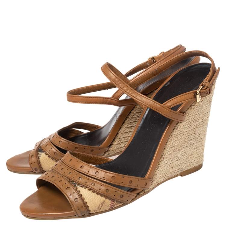 Pre Owned Burberry Beige/Tan Canvas And Leather Ankle Strap Espadrille Wedge Sandals Size 37