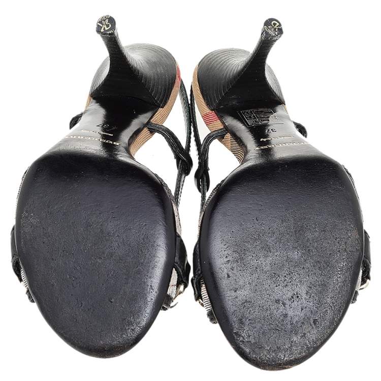 Pre Owned Burberry Black/Beige Novacheck Canvas And Leather Slingback Sandals Size 37