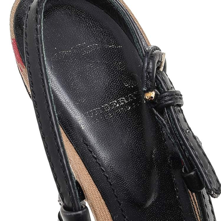Pre Owned Burberry Black/Beige Novacheck Canvas And Leather Slingback Sandals Size 37