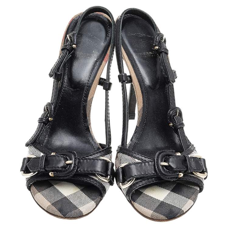 Pre Owned Burberry Black/Beige Novacheck Canvas And Leather Slingback Sandals Size 37