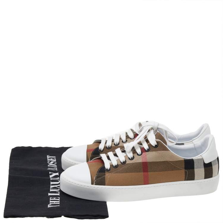 Pre Owned Burberry White/Beige Nova Check Canvas And Leather Cap Toe Sneakers Size 38