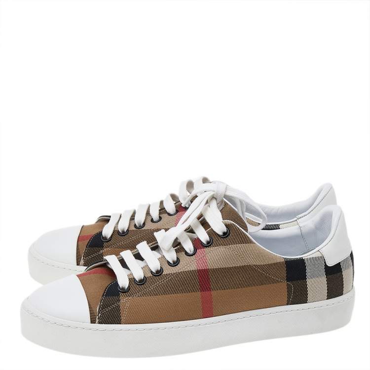 Pre Owned Burberry White/Beige Nova Check Canvas And Leather Cap Toe Sneakers Size 38