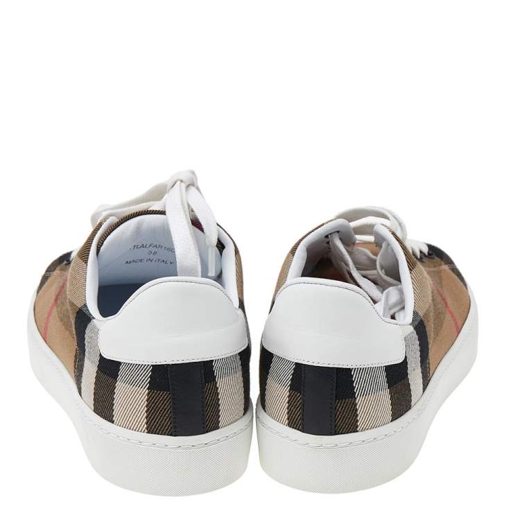 Pre Owned Burberry White/Beige Nova Check Canvas And Leather Cap Toe Sneakers Size 38