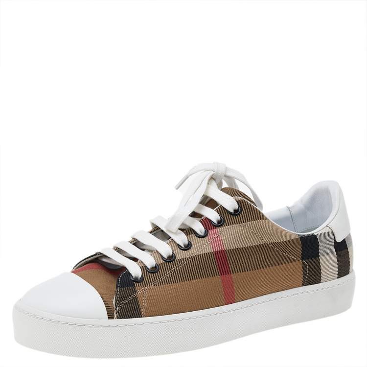 Pre Owned Burberry White/Beige Nova Check Canvas And Leather Cap Toe Sneakers Size 38
