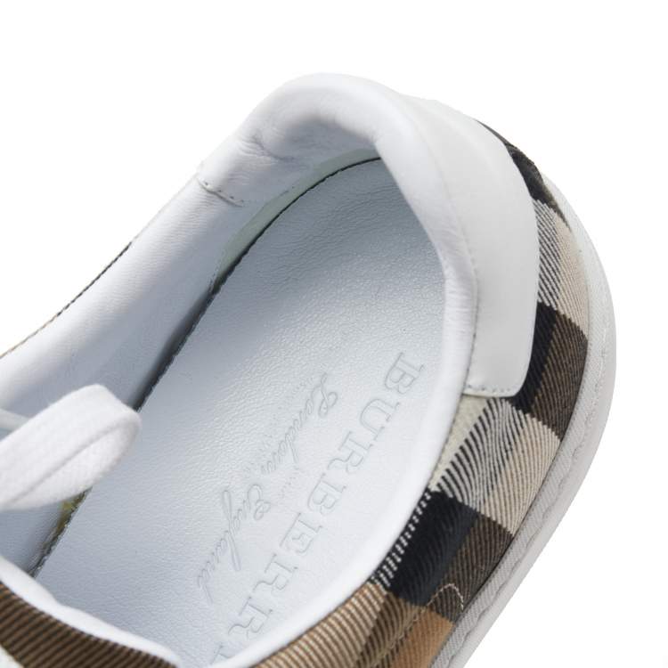 Pre Owned Burberry White/Beige Nova Check Canvas And Leather Cap Toe Sneakers Size 38