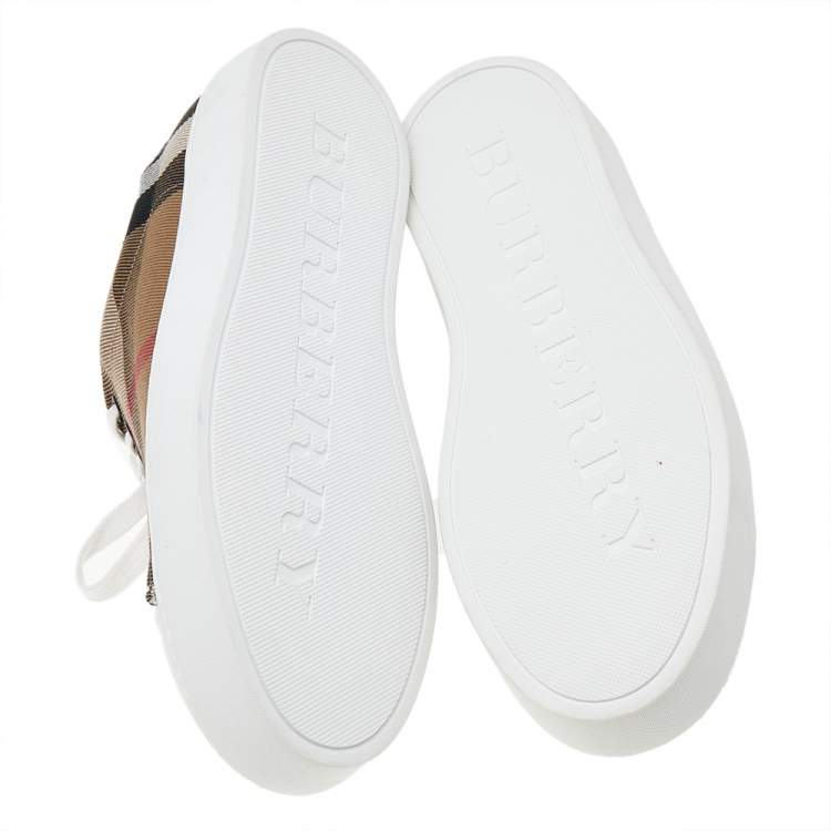 Pre Owned Burberry White/Beige Nova Check Canvas And Leather Cap Toe Sneakers Size 38
