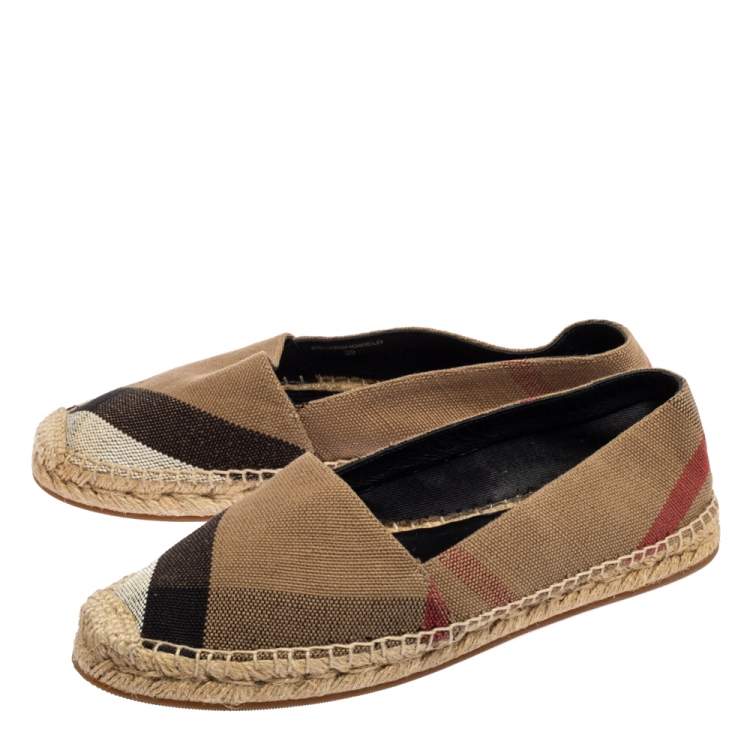 Pre Owned Burberry Beige Hodgeson Check Canvas Slip On Espadrilles Size 39