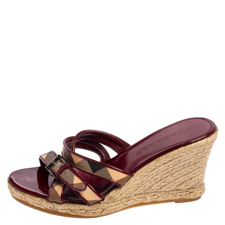 Pre Owned Burberry Patent Leather and Nova Check Canvas Espadrille Wedge Slide Sandals Size 37