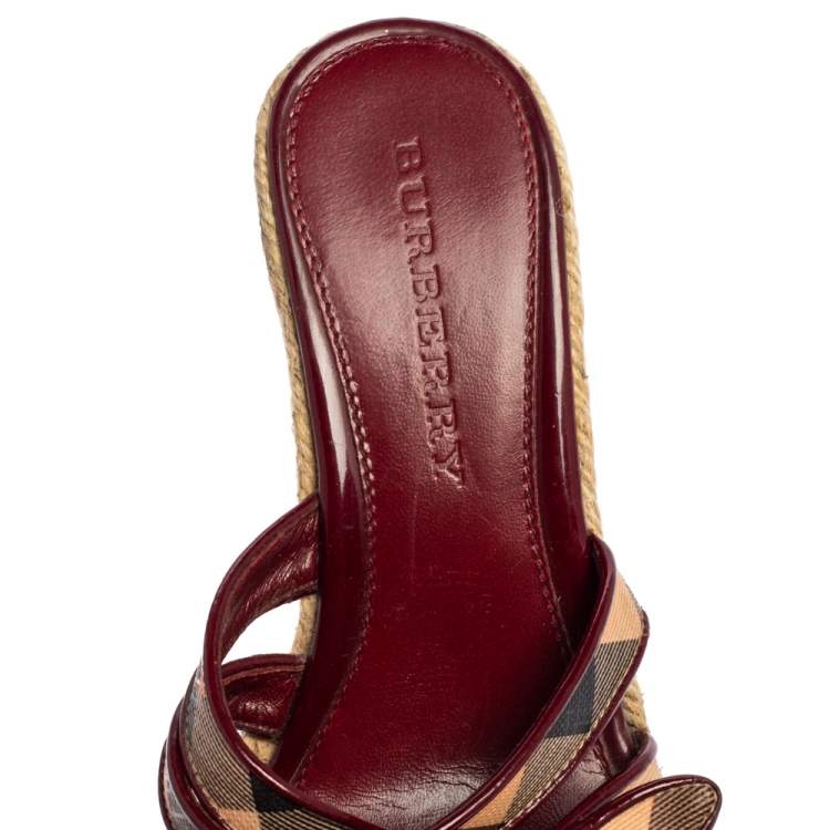 Pre Owned Burberry Patent Leather and Nova Check Canvas Espadrille Wedge Slide Sandals Size 37