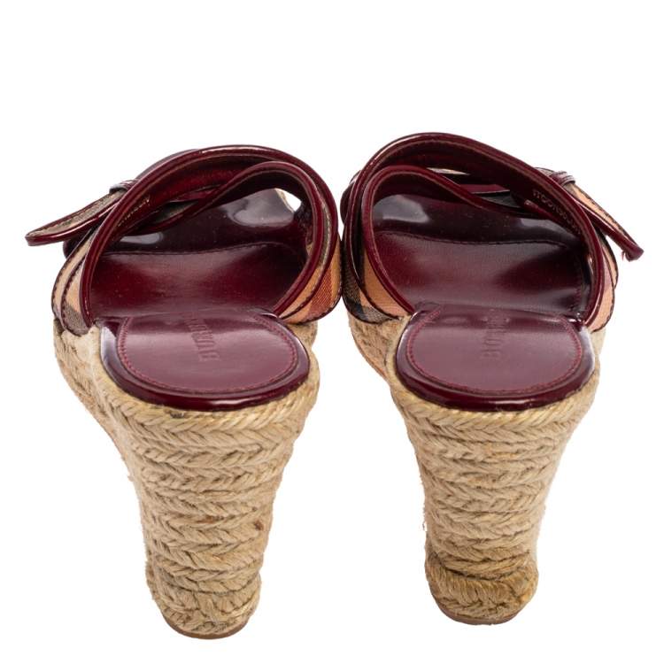 Pre Owned Burberry Patent Leather and Nova Check Canvas Espadrille Wedge Slide Sandals Size 37