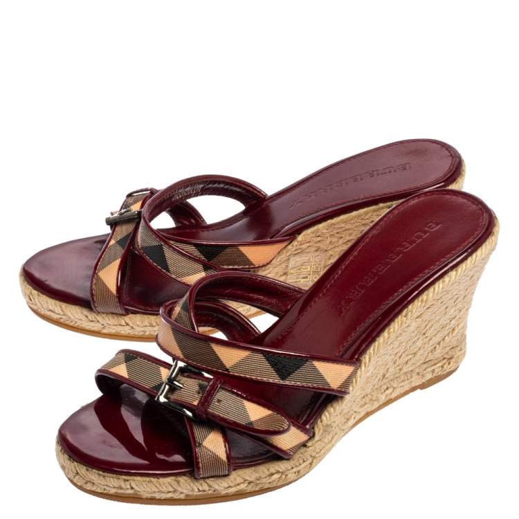 Pre Owned Burberry Patent Leather and Nova Check Canvas Espadrille Wedge Slide Sandals Size 37