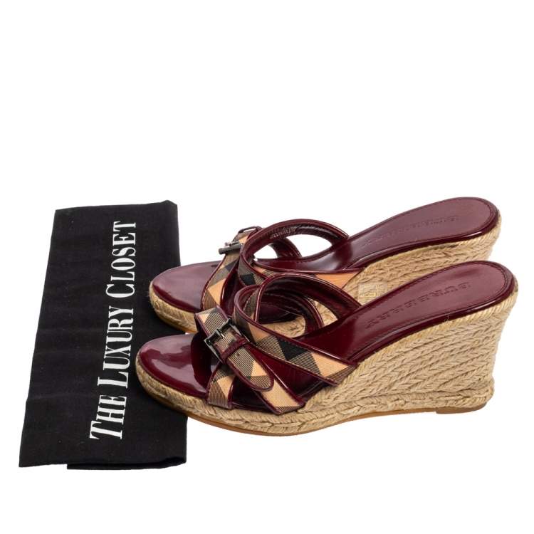 Pre Owned Burberry Patent Leather and Nova Check Canvas Espadrille Wedge Slide Sandals Size 37