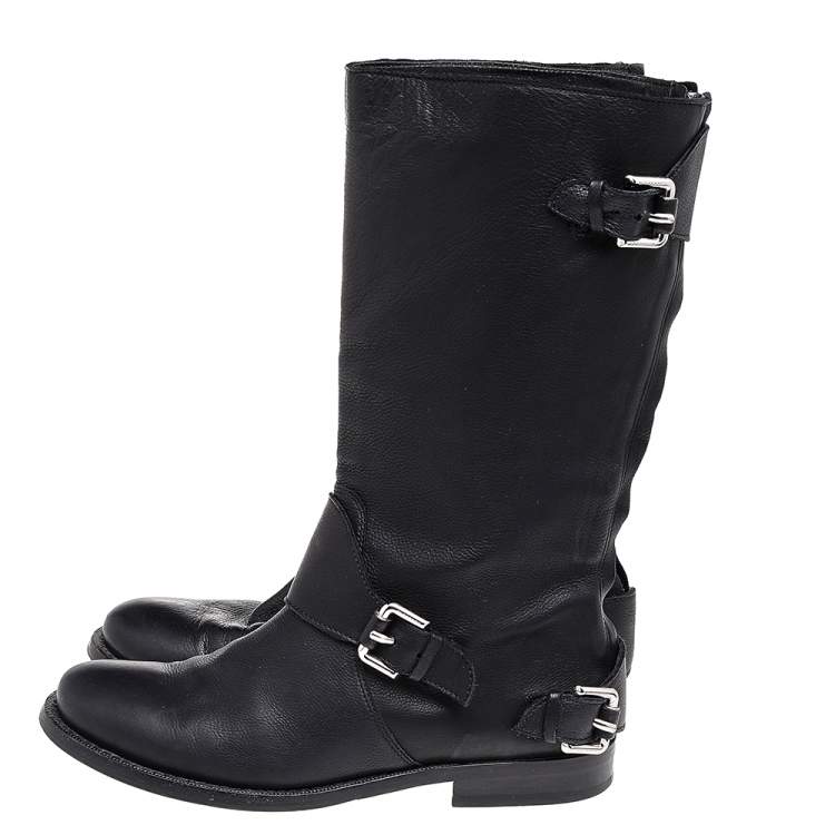 Pre Owned Burberry Black Leather Buckle Detail Mid Calf Boots Size 35