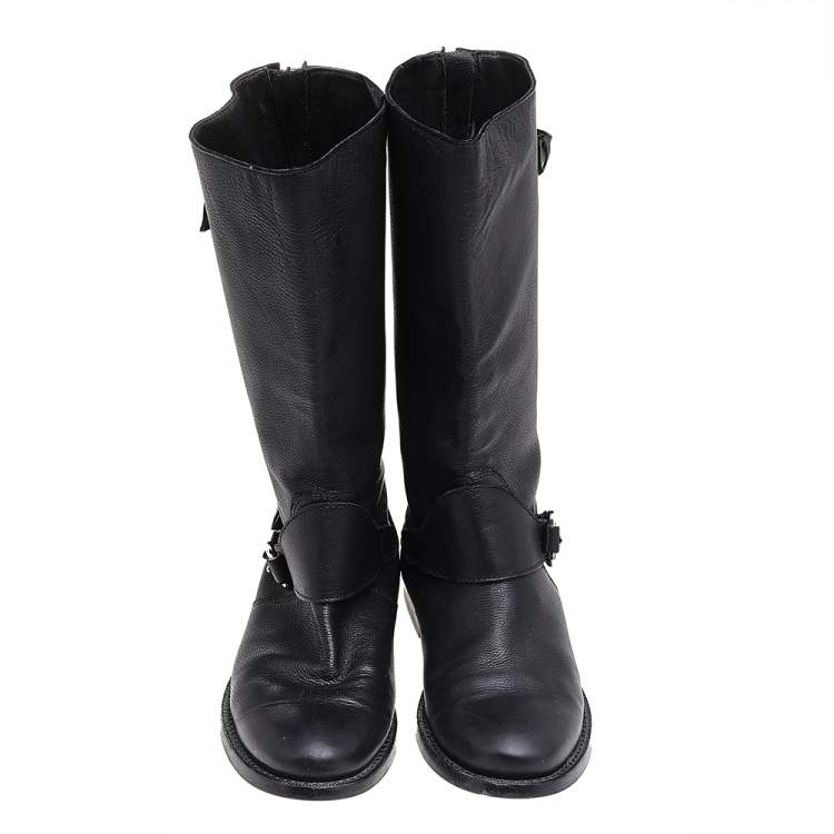 Pre Owned Burberry Black Leather Buckle Detail Mid Calf Boots Size 35