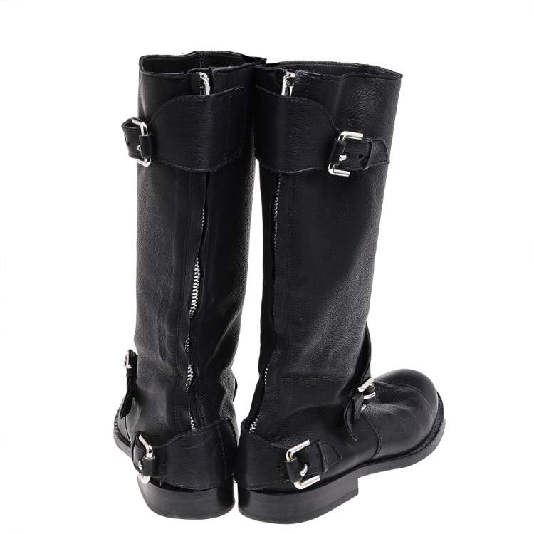 Pre Owned Burberry Black Leather Buckle Detail Mid Calf Boots Size 35