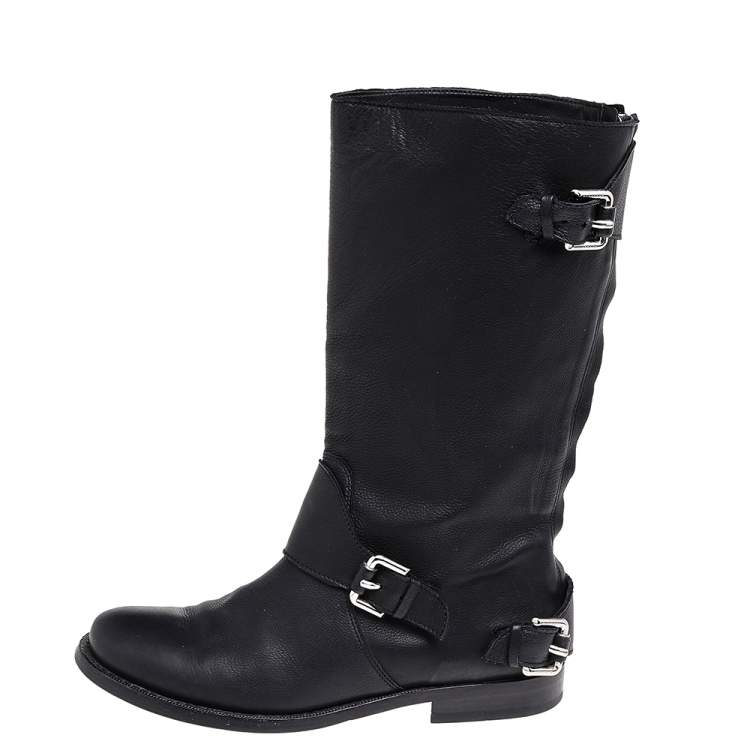 Pre Owned Burberry Black Leather Buckle Detail Mid Calf Boots Size 35
