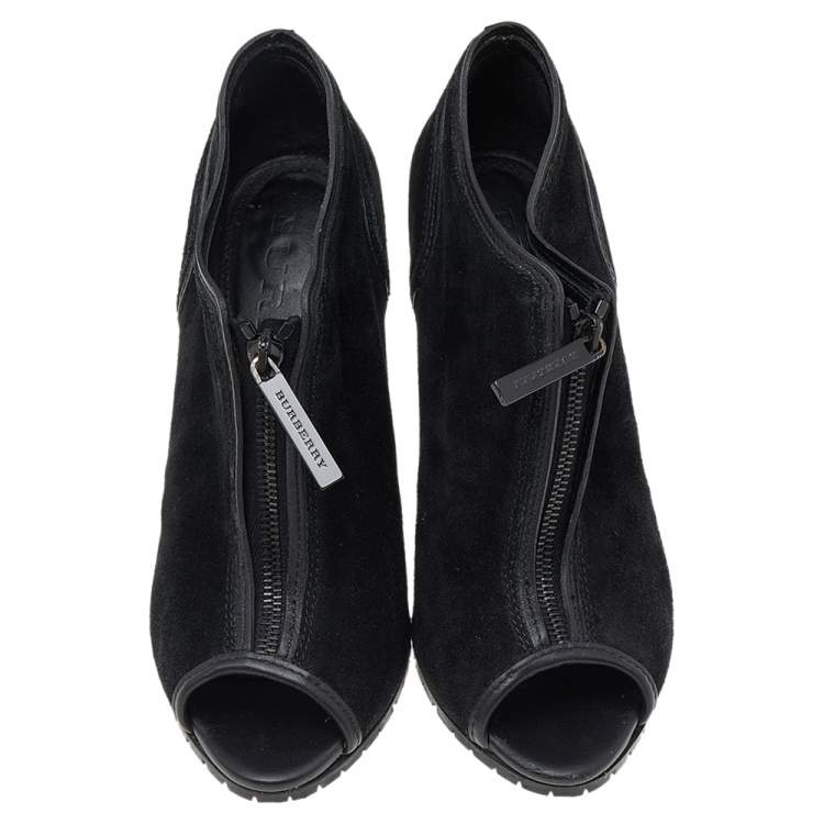 Pre Owned Burberry Black Suede Peep Toe Ankle Booties Size 37
