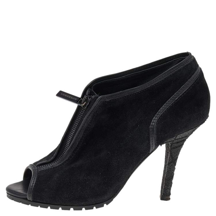 Pre Owned Burberry Black Suede Peep Toe Ankle Booties Size 37