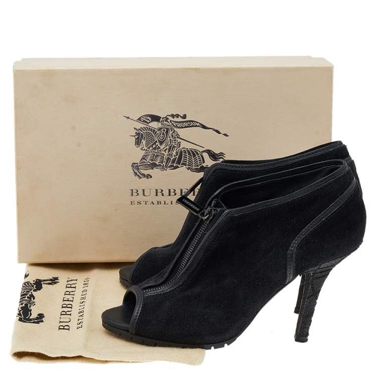 Pre Owned Burberry Black Suede Peep Toe Ankle Booties Size 37