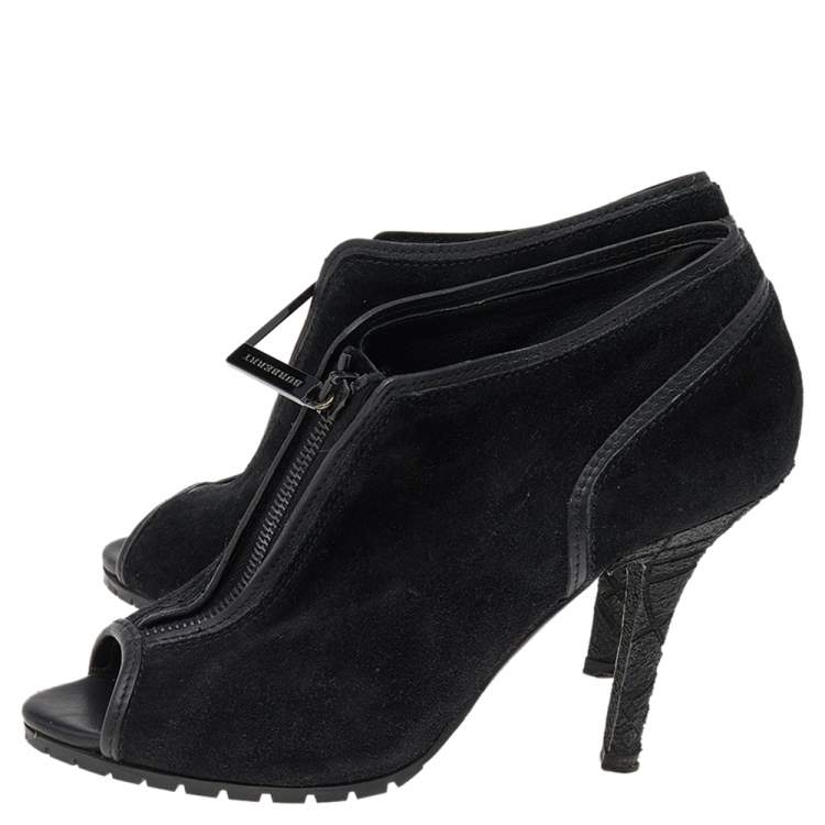 Pre Owned Burberry Black Suede Peep Toe Ankle Booties Size 37