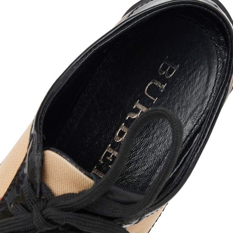 Pre Owned Burberry Beige/Black Novacheck Canvas And Patent Leather Cap Toe Low Top Sneakers Size 37