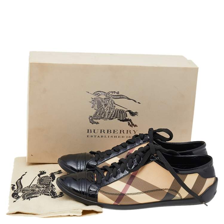 Pre Owned Burberry Beige/Black Novacheck Canvas And Patent Leather Cap Toe Low Top Sneakers Size 37