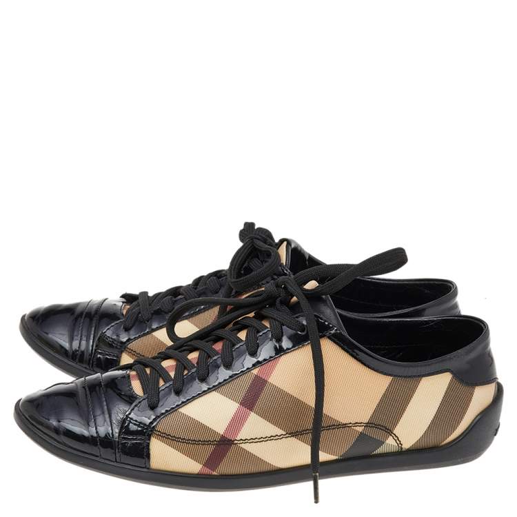 Pre Owned Burberry Beige/Black Novacheck Canvas And Patent Leather Cap Toe Low Top Sneakers Size 37