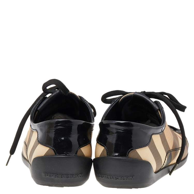 Pre Owned Burberry Beige/Black Novacheck Canvas And Patent Leather Cap Toe Low Top Sneakers Size 37