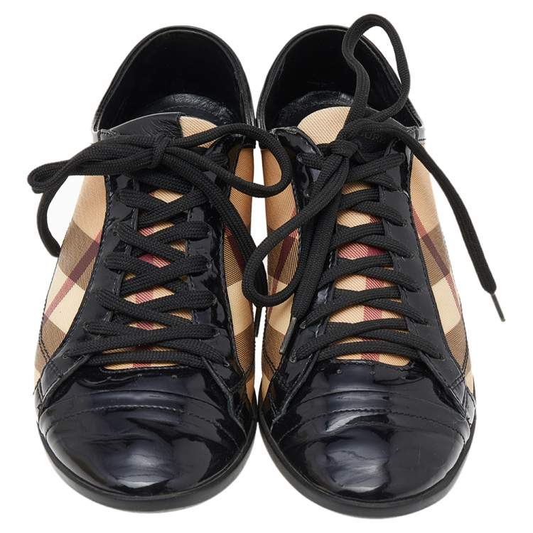 Pre Owned Burberry Beige/Black Novacheck Canvas And Patent Leather Cap Toe Low Top Sneakers Size 37