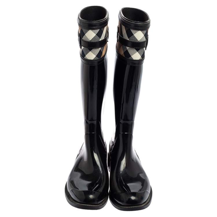 Pre Owned Burberry Black Rubber and Nova Check Canvas Rain Boots Size 40