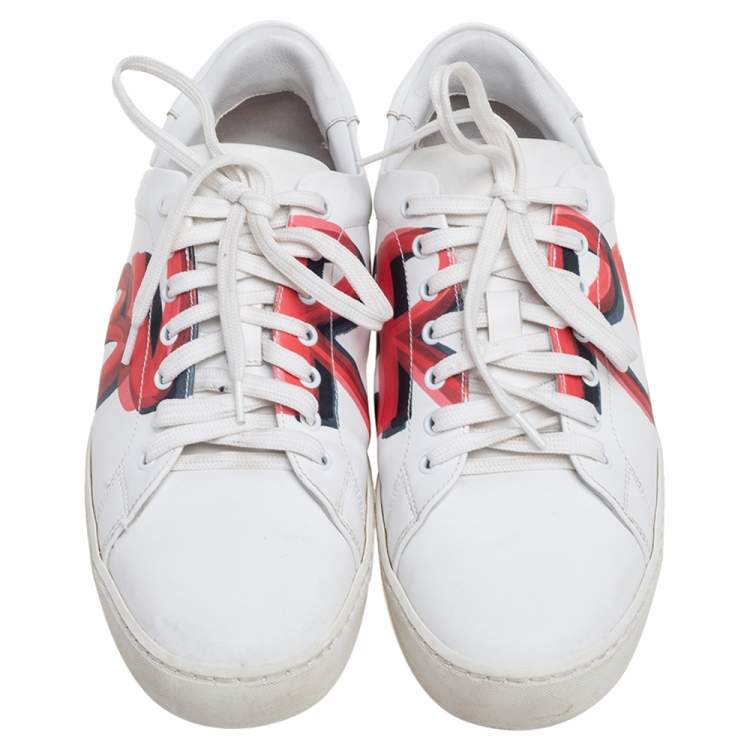 Pre Owned Burberry White/Red Graffiti Print Leather Low Top Sneakers Size 36.5