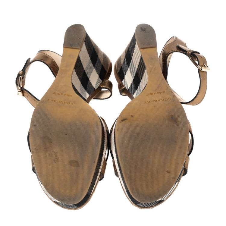 Pre Owned Burberry Gold Leather and Nova Check Canvas Platform Wedge Sandals Size 38.5