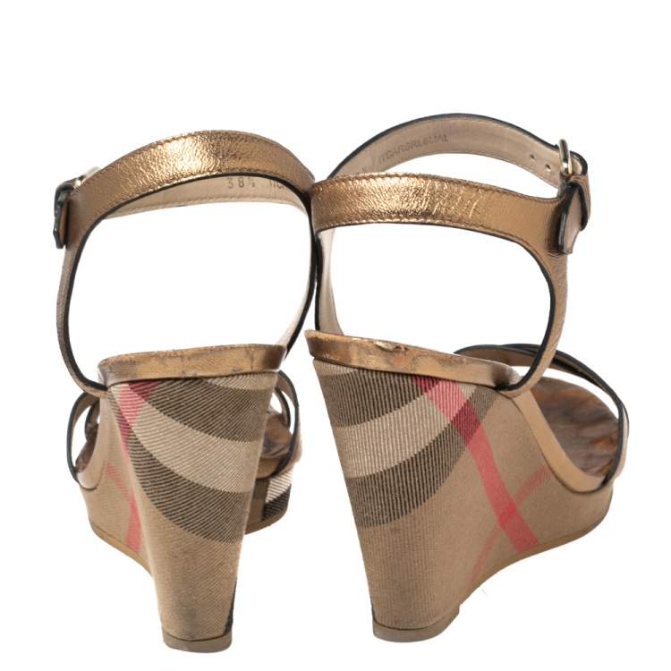 Pre Owned Burberry Gold Leather and Nova Check Canvas Platform Wedge Sandals Size 38.5