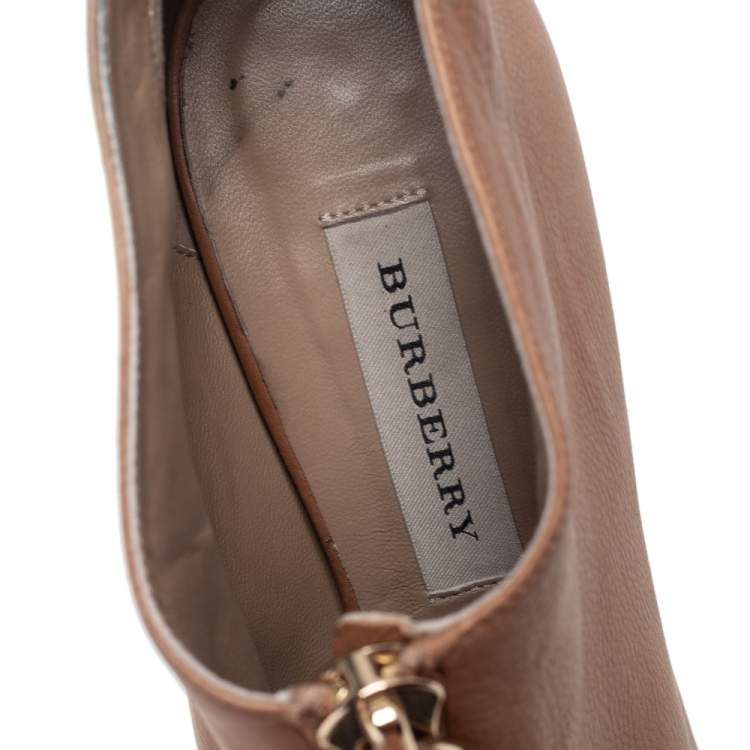 Pre Owned Burberry Beige Leather Peep Toe Front Zip Booties Size 39