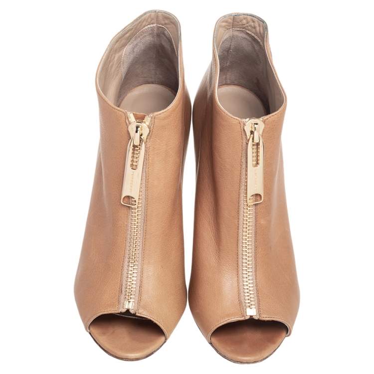 Pre Owned Burberry Beige Leather Peep Toe Front Zip Booties Size 39
